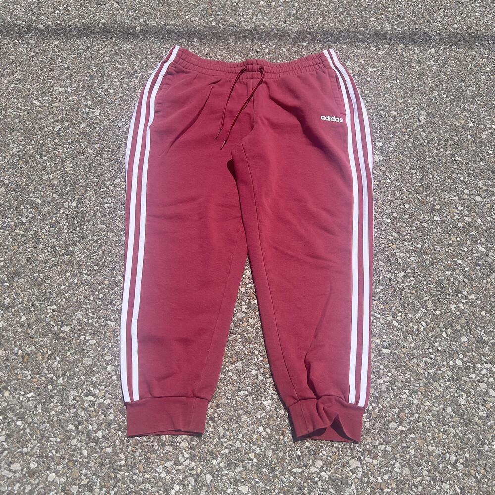 Adidas Sweatpants Womens 1X Red Fleece Joggers 3 Stripe Elastic Waist Pockets